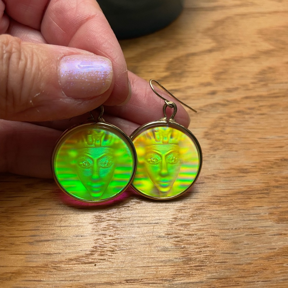 Holographic Pharaoh Earrings in Green and Gold